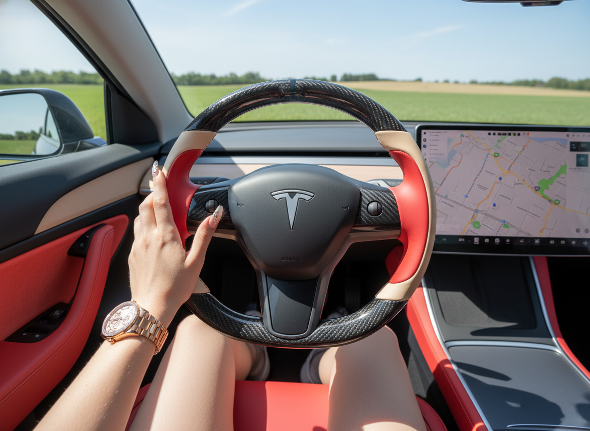 Bright red and warm brown Carbon Fiber Tesla Model Y Steering Wheel-Track Master(2020-2024) Axeco