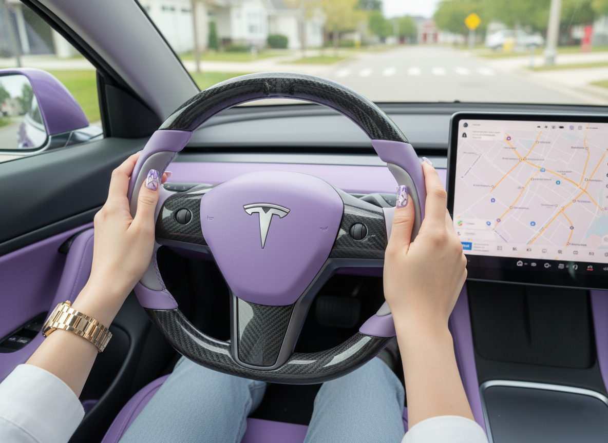 Purple-Grey Tesla Model 3 Carbon Fiber Steering Wheel-Track Master(2017-2023.8) Axeco