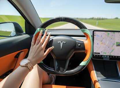 Bright orange and mint green Carbon Fiber Tesla Model Y Steering Wheel-Track Master(2020-2024) Axeco