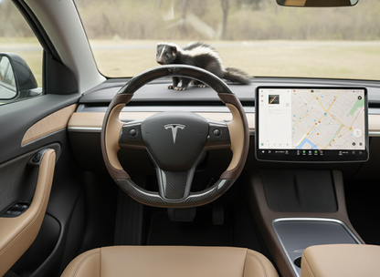 Dark brown and light brown Carbon Fiber Tesla Model Y Steering Wheel-Track Master(2020-2024) Axeco