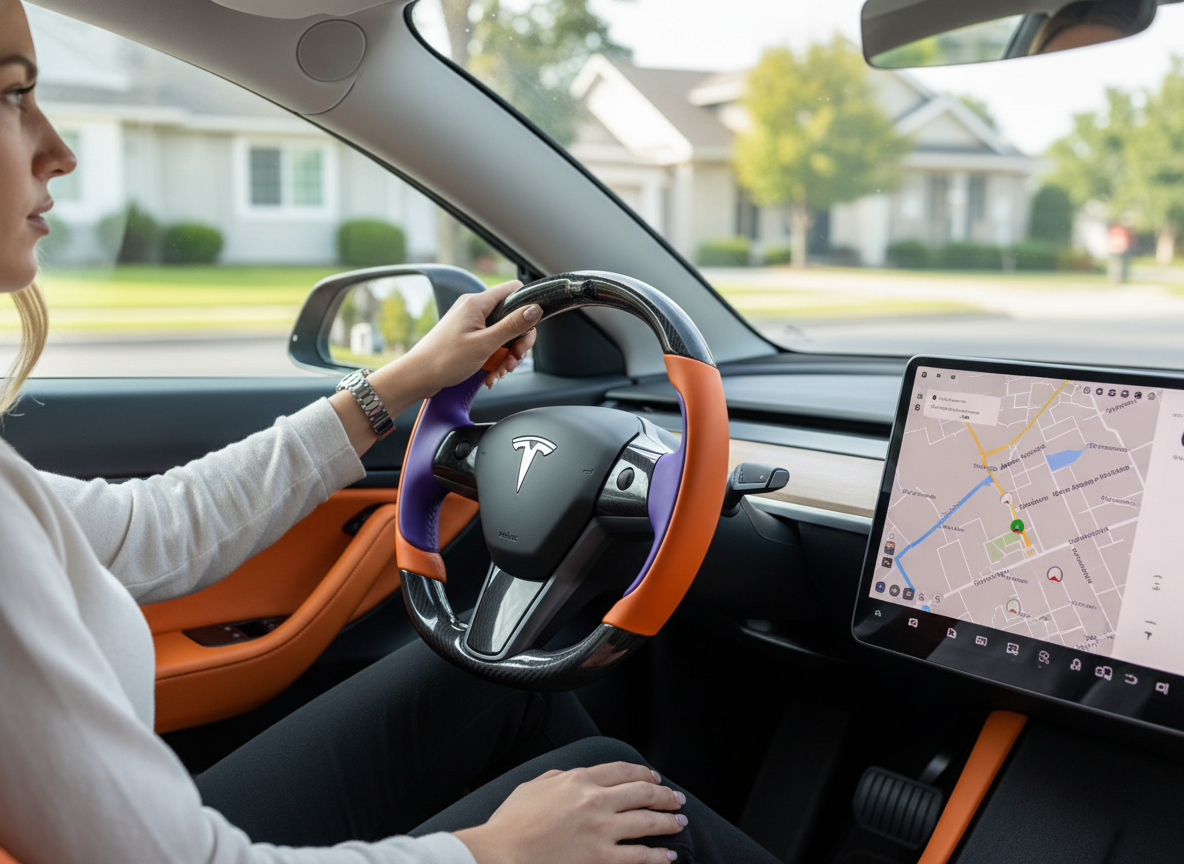 Bright orange and deep purple Carbon Fiber Tesla model 3 Steering Wheel -Track Master(2023.9+) Axeco