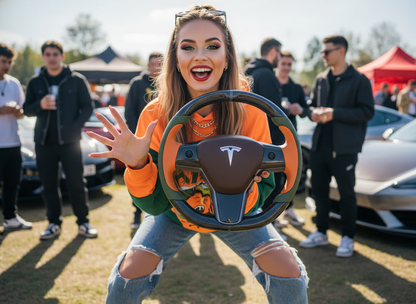 Olive green and orange Carbon Fiber Tesla Model Y Steering Wheel-Track Master(2020-2024) Axeco