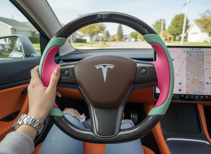 Pink-Light Green Carbon Fiber Tesla model 3 Steering Wheel -Track Master(2023.9+) Axeco