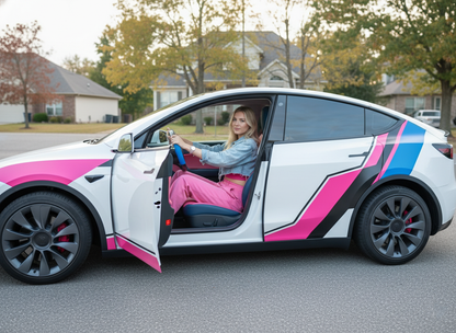 Bright blue and pink Carbon Fiber Tesla Model Y Steering Wheel-Track Master(2020-2024) Axeco