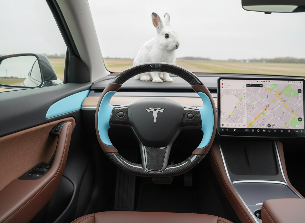 Dark brown and light blue Carbon Fiber Tesla Model Y Steering Wheel-Track Master(2020-2024) Axeco