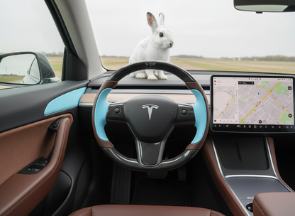 Dark brown and light blue Carbon Fiber Tesla Model Y Steering Wheel-Track Master(2020-2024) Axeco