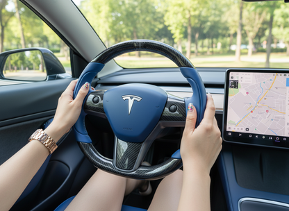 Blue and Black Carbon Fiber Tesla Model 3 Steering Wheel - Track Master (2017-2023.8) Axeco