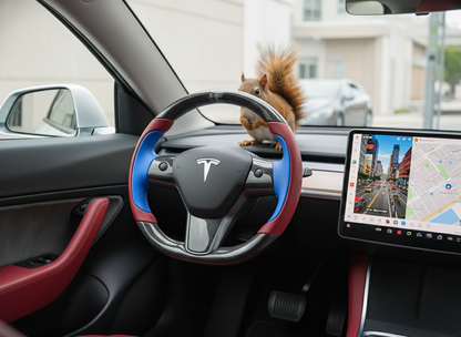 Wine red and blue Carbon Fiber Tesla Model Y Steering Wheel-Track Master(2020-2024) Axeco