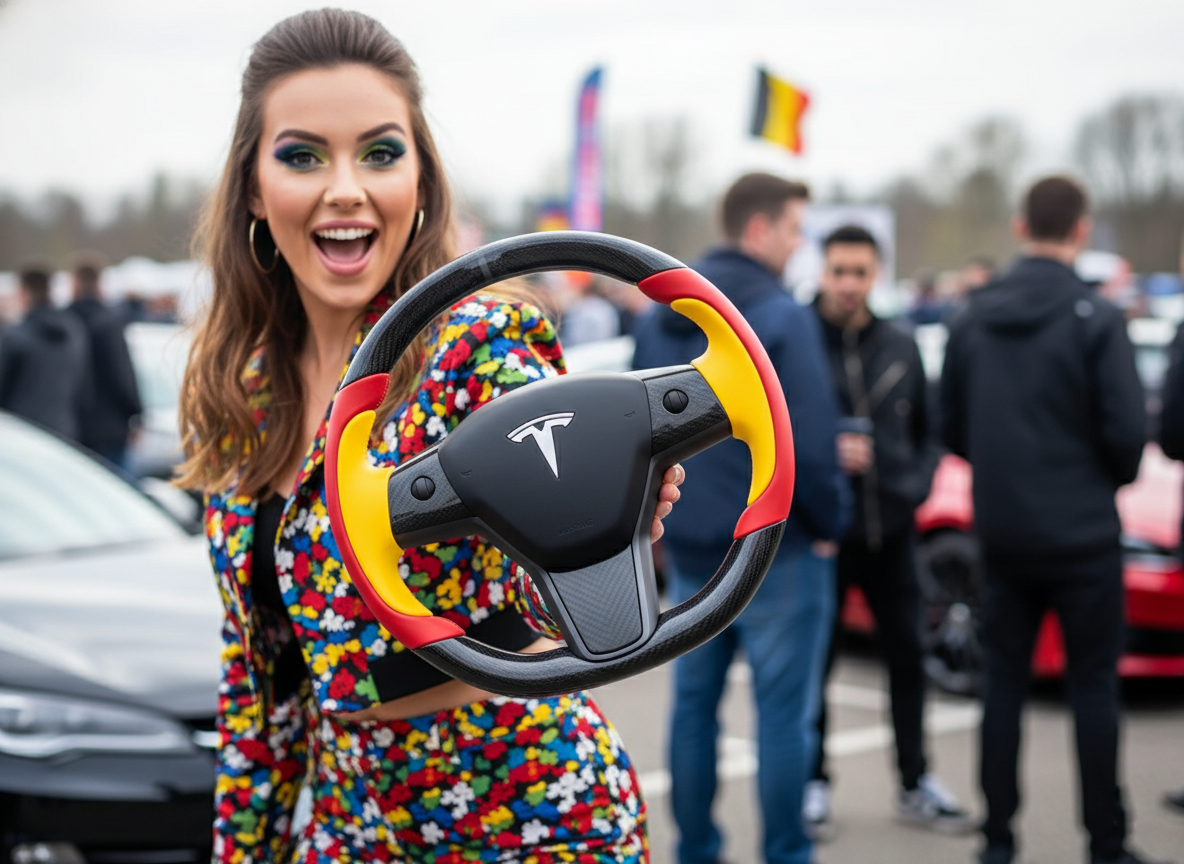 Bright red and bright yellow Carbon Fiber Tesla Model Y Steering Wheel-Track Master(2020-2024) Axeco