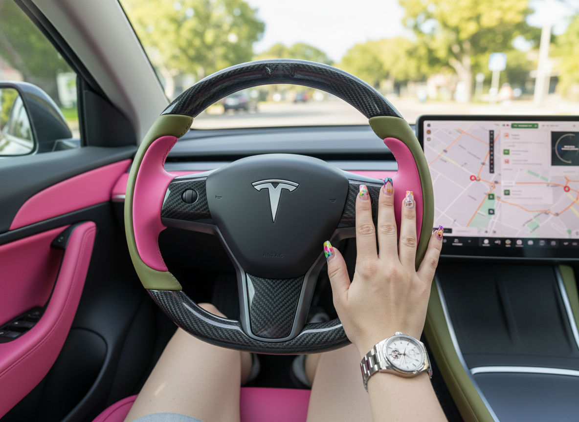 Pink and olive green Carbon Fiber Tesla Model Y Steering Wheel-Track Master(2020-2024) Axeco