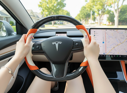 Bright orange and off-white Carbon Fiber Tesla model 3 Steering Wheel -Track Master(2023.9+) Axeco