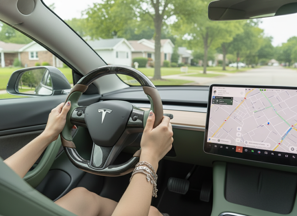 Light Brown and Mint Green Carbon Fiber Tesla model 3 Steering Wheel -Track Master(2023.9+) Axeco