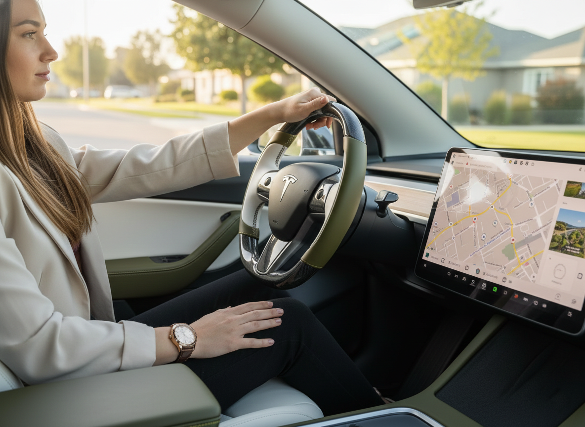 Olive green and white Carbon Fiber Tesla Model Y Steering Wheel-Track Master(2020-2024) Axeco