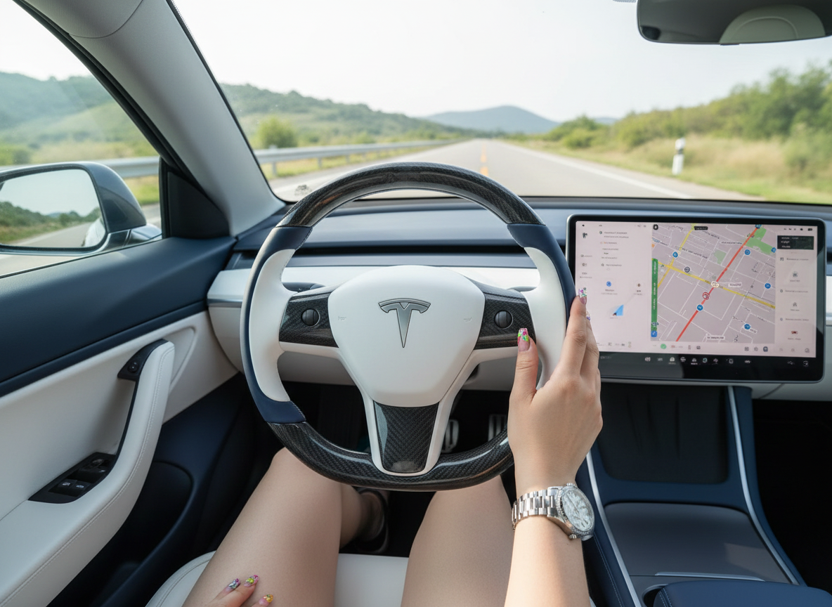 White-Dark blue Tesla Model 3 Carbon Fiber Steering Wheel-Track Master(2017-2023.8) Axeco