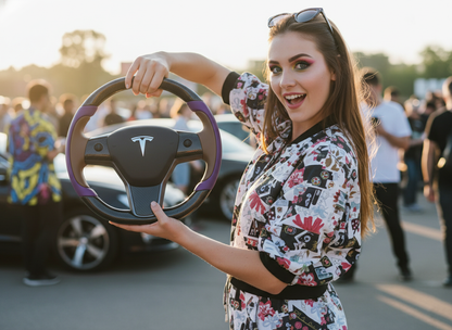 Purple and light brown Carbon Fiber Tesla Model Y Steering Wheel-Track Master(2020-2024) Axeco