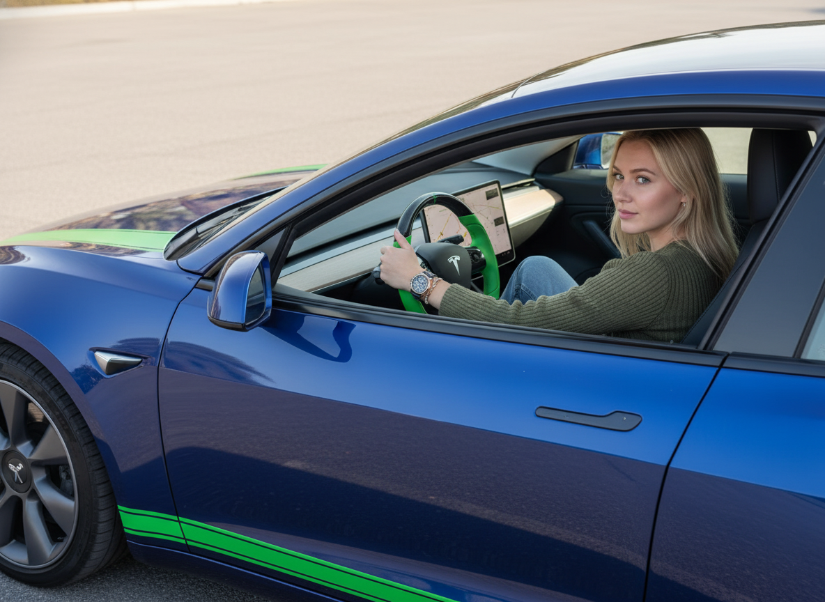 Green Leather Carbon Fiber Tesla Model 3 Steering Wheel - Track Master (2017-2023.8) Axeco