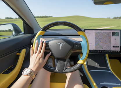 Yellow and light blue Carbon Fiber Tesla Model Y Steering Wheel-Track Master(2020-2024) Axeco