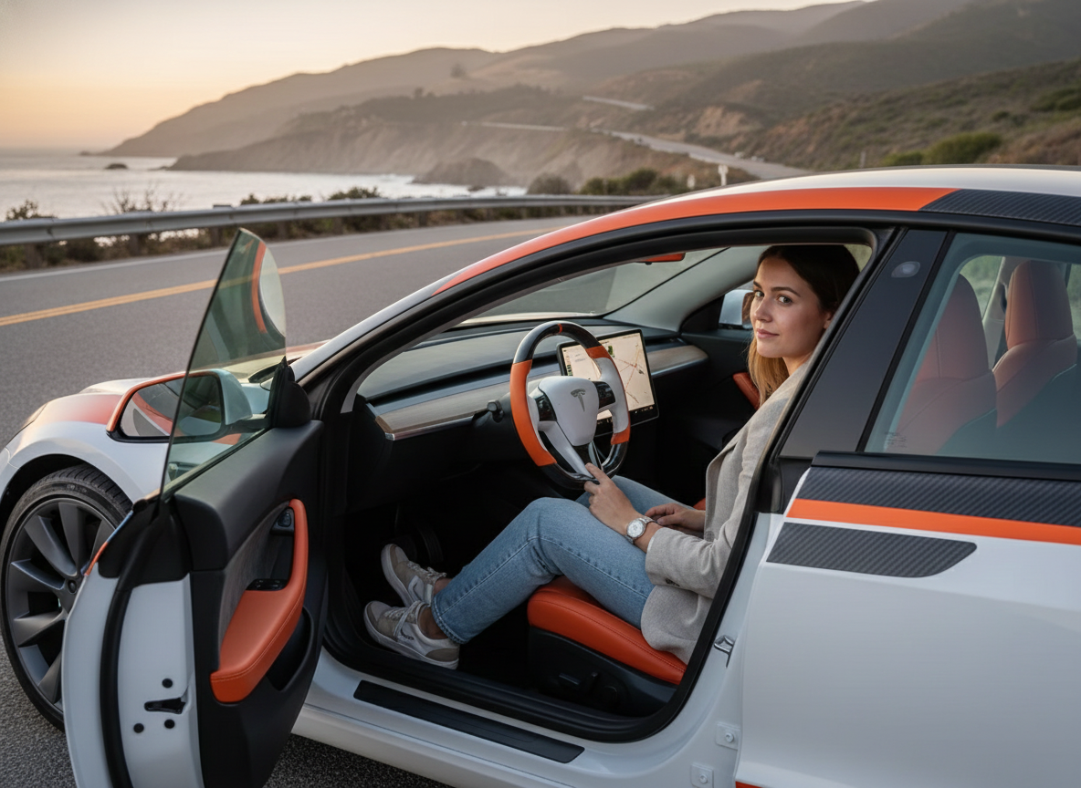 Orange-While Tesla Model 3 Carbon Fiber Steering Wheel-Track Master(2017-2023.8) Axeco