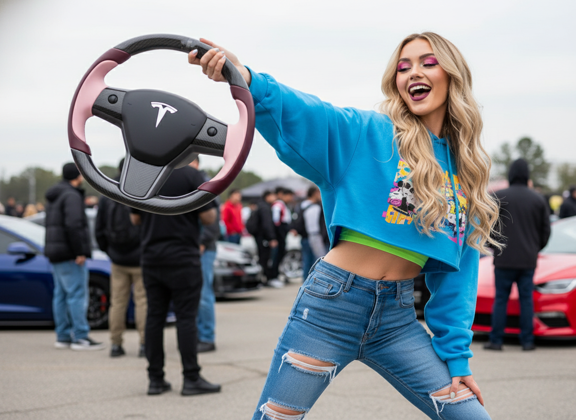 Wine red and soft pink Carbon Fiber Tesla Model Y Steering Wheel-Track Master(2020-2024) Axeco