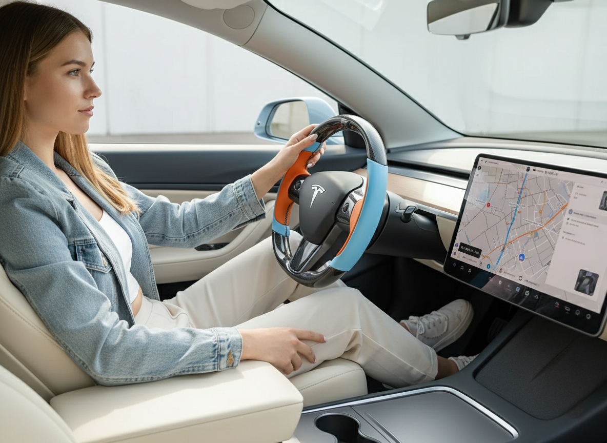 Light blue and bright orange Carbon Fiber Tesla model 3 Steering Wheel -Track Master(2023.9+) Axeco