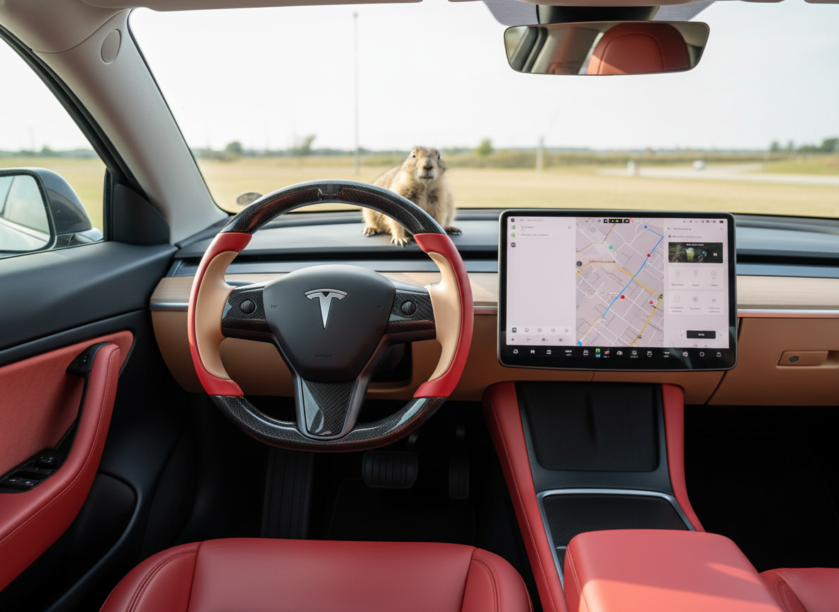 Bright red and warm brown Carbon Fiber Tesla model 3 Steering Wheel -Track Master(2023.9+) Axeco