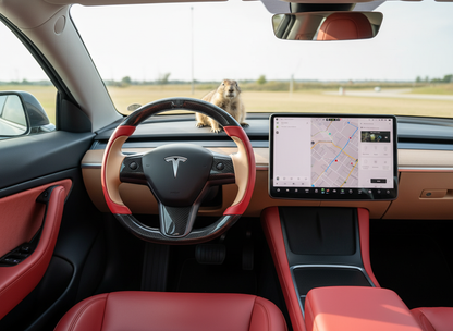 Bright red and warm brown Carbon Fiber Tesla model 3 Steering Wheel -Track Master(2023.9+) Axeco