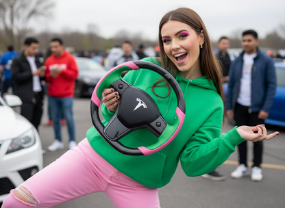 Soft pink and emerald green Carbon Fiber Tesla model 3 Steering Wheel -Track Master(2023.9+) Axeco