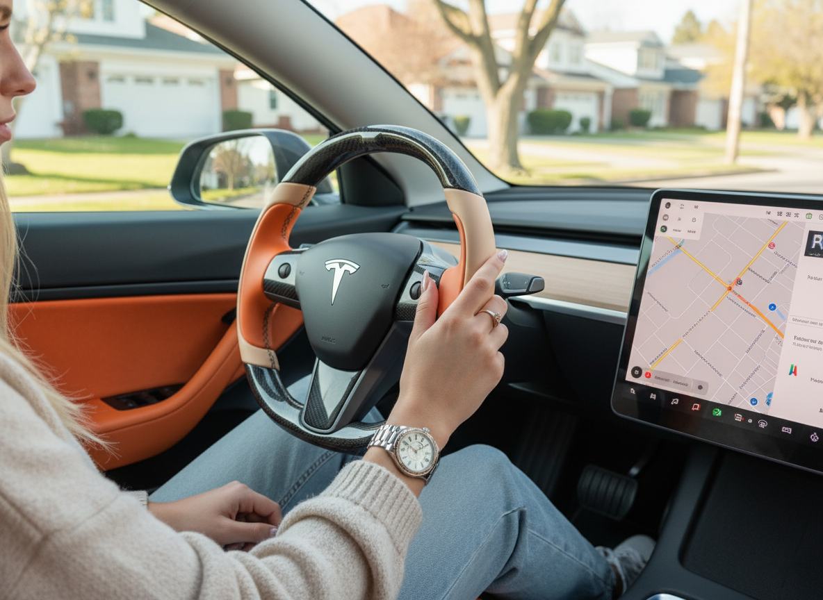 Orange-Light Beige Carbon Fiber Tesla model 3 Steering Wheel -Track Master(2023.9+) Axeco