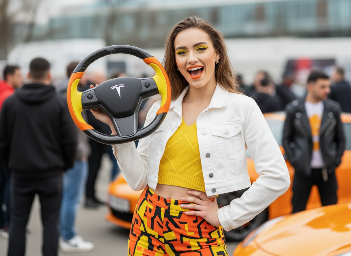 Bright orange and bright yellow Carbon Fiber Tesla Model Y Steering Wheel-Track Master(2020-2024) Axeco