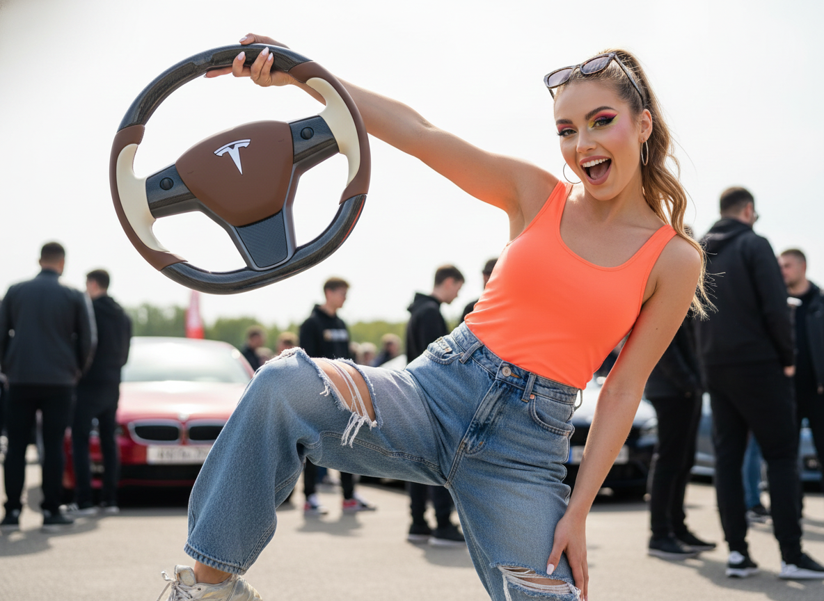 Brown and off-white Carbon Fiber Tesla Model Y Steering Wheel-Track Master(2020-2024) Axeco