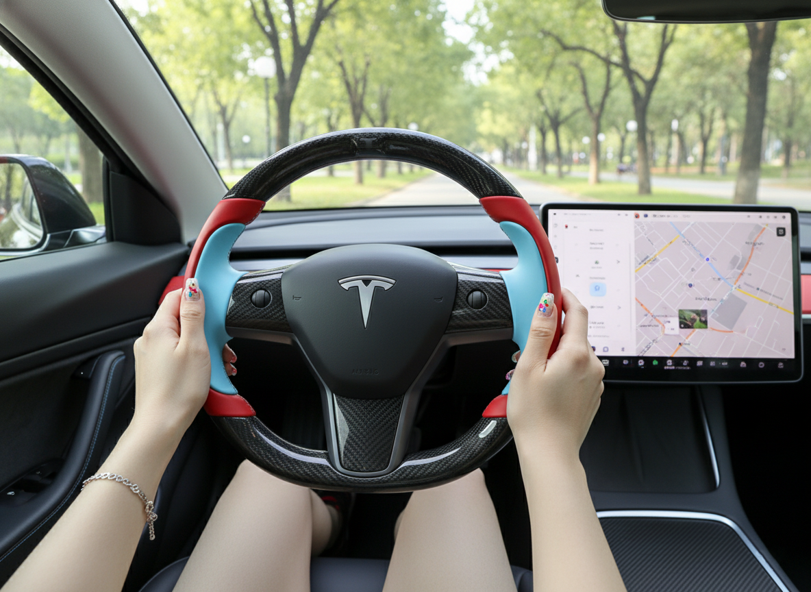 Bright red and light blue Carbon Fiber Tesla model 3 Steering Wheel -Track Master(2023.9+) Axeco