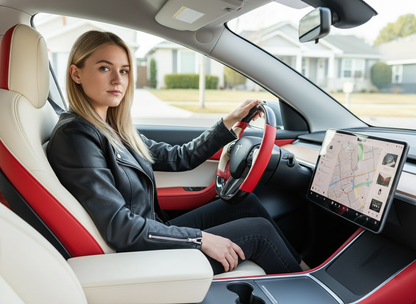 Red and off-white Carbon Fiber Tesla Model Y Steering Wheel-Track Master(2020-2024) Axeco