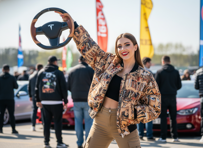 Brown and light brown Carbon Fiber Tesla Model Y Steering Wheel-Track Master(2020-2024) Axeco