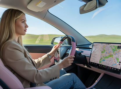 Soft pink and pure white Carbon Fiber Tesla Model Y Steering Wheel-Track Master(2020-2024) Axeco