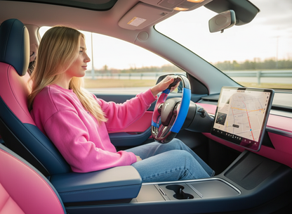 Bright blue and pink Carbon Fiber Tesla Model Y Steering Wheel-Track Master(2020-2024) Axeco