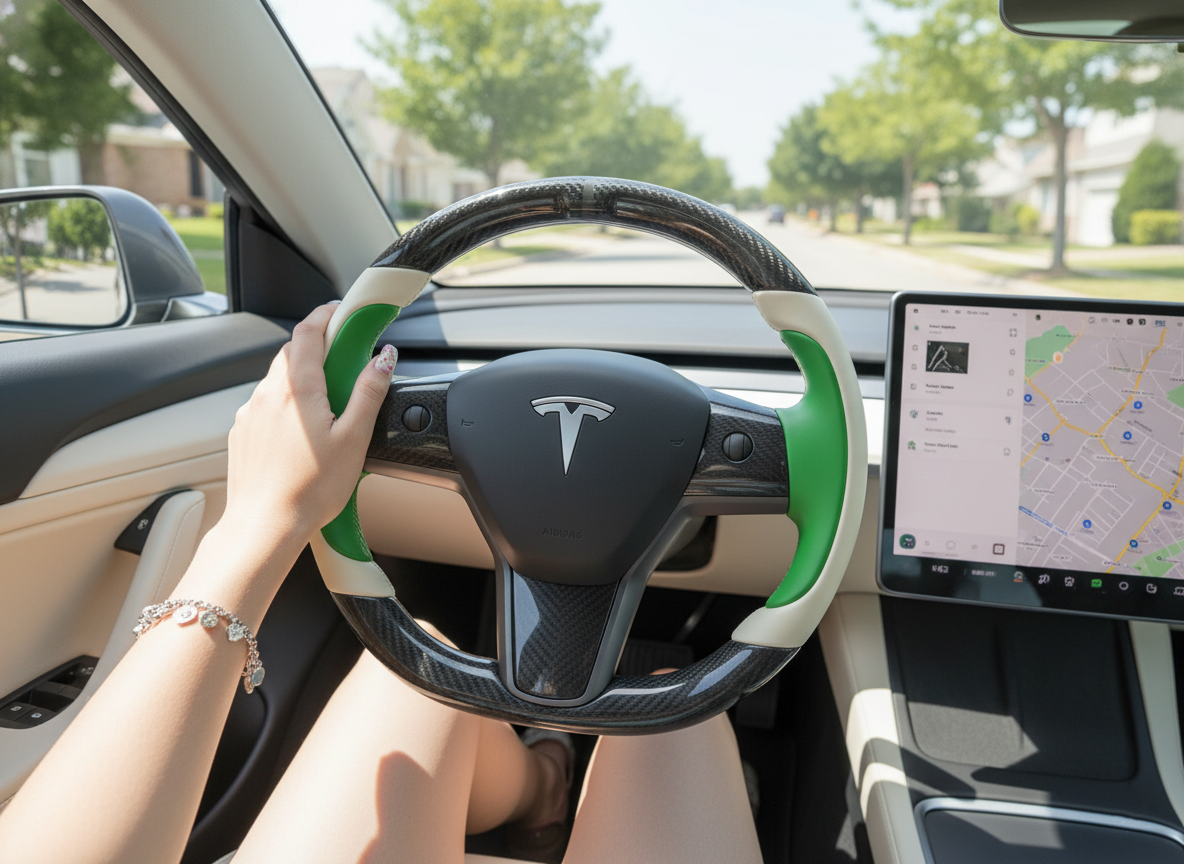 Pure white and emerald green Carbon Fiber Tesla model 3 Steering Wheel -Track Master(2023.9+) Axeco