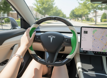 Pure white and emerald green Carbon Fiber Tesla model 3 Steering Wheel -Track Master(2023.9+) Axeco