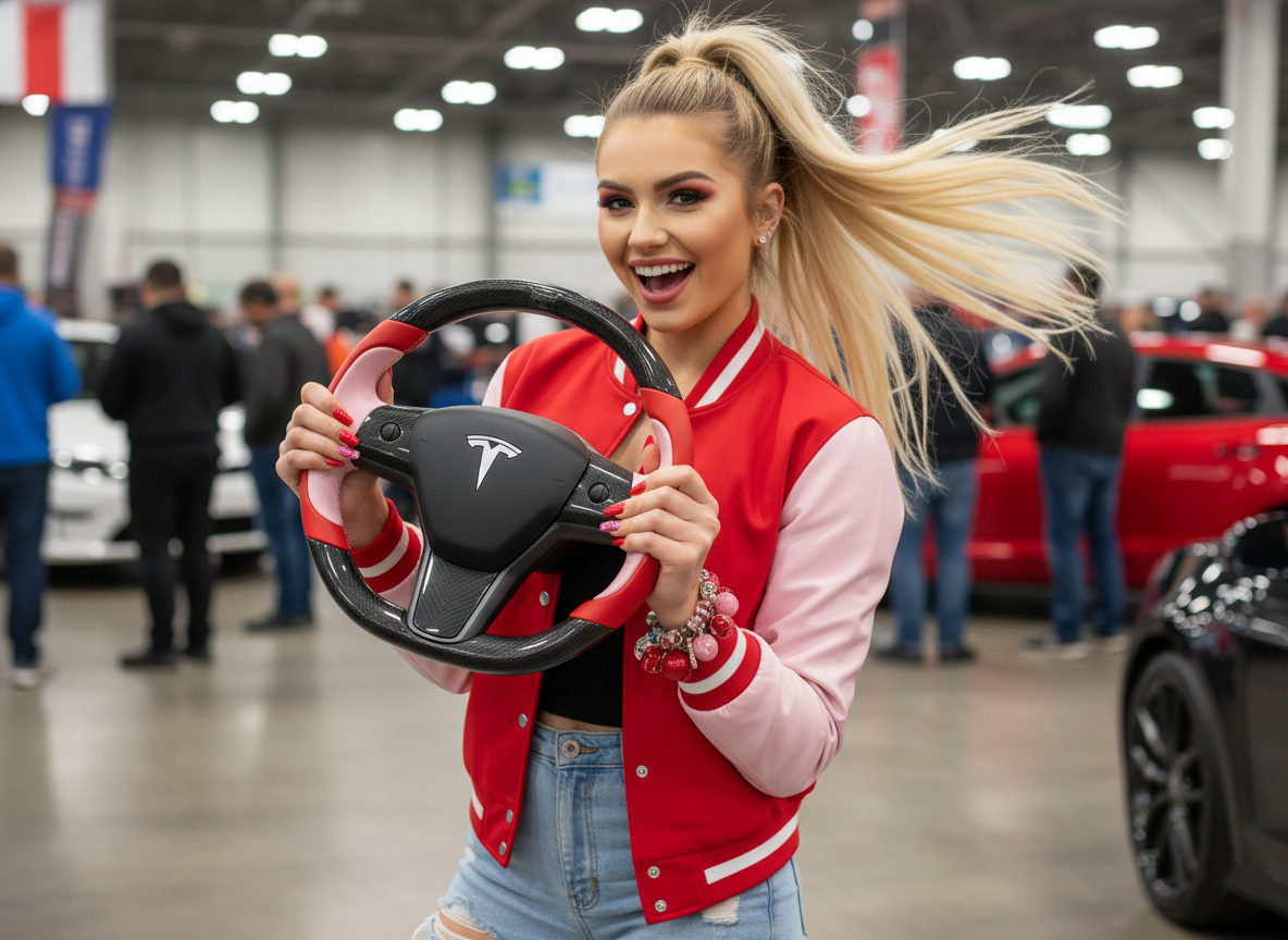 Bright red and soft pink Carbon Fiber Tesla model 3 Steering Wheel -Track Master(2023.9+) Axeco