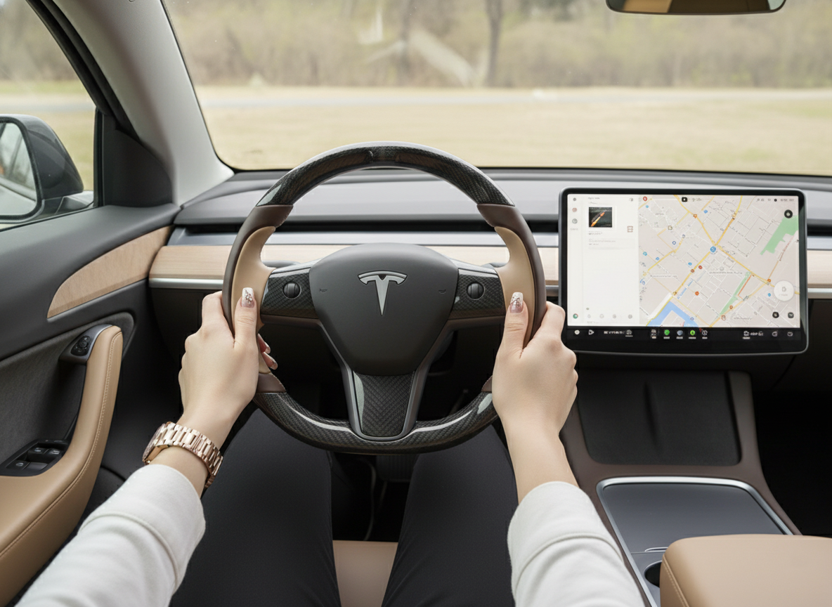 Dark brown and light brown Carbon Fiber Tesla Model Y Steering Wheel-Track Master(2020-2024) Axeco