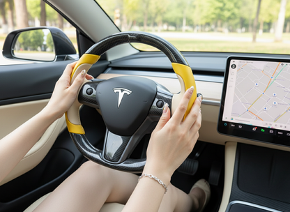 Bright yellow and light beige Carbon Fiber Tesla model 3 Steering Wheel -Track Master(2023.9+) Axeco