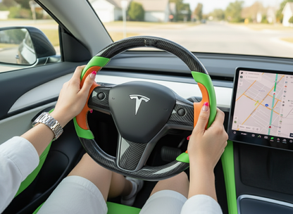 Emerald green and bright orange Carbon Fiber Tesla Model Y Steering Wheel-Track Master(2020-2024) Axeco