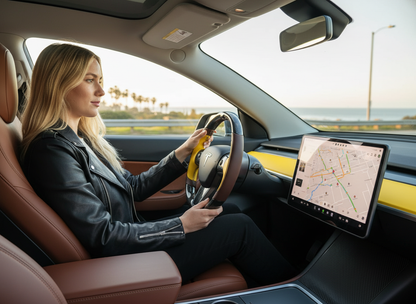 Yellow and brown Carbon Fiber Tesla Model Y Steering Wheel-Track Master(2020-2024) Axeco