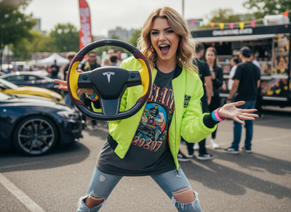 Wine red and bright yellow Carbon Fiber Tesla Model Y Steering Wheel-Track Master(2020-2024) Axeco