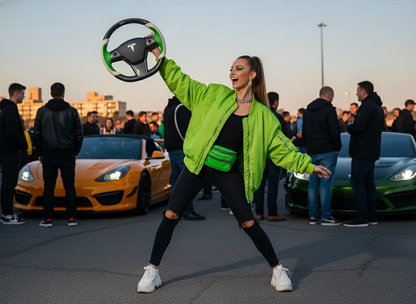 Pure white and emerald green Carbon Fiber Tesla model 3 Steering Wheel -Track Master(2023.9+) Axeco