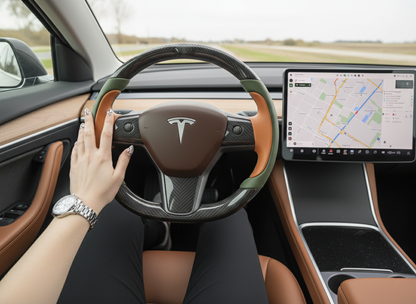 Olive green and orange Carbon Fiber Tesla Model Y Steering Wheel-Track Master(2020-2024) Axeco