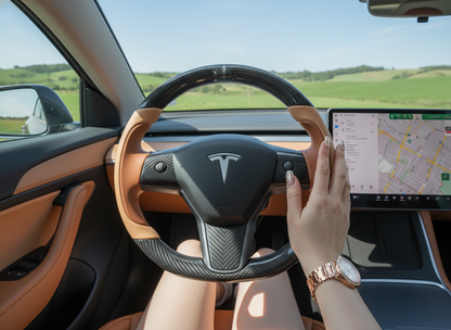 Brown and light brown Carbon Fiber Tesla Model Y Steering Wheel-Track Master(2020-2024) Axeco