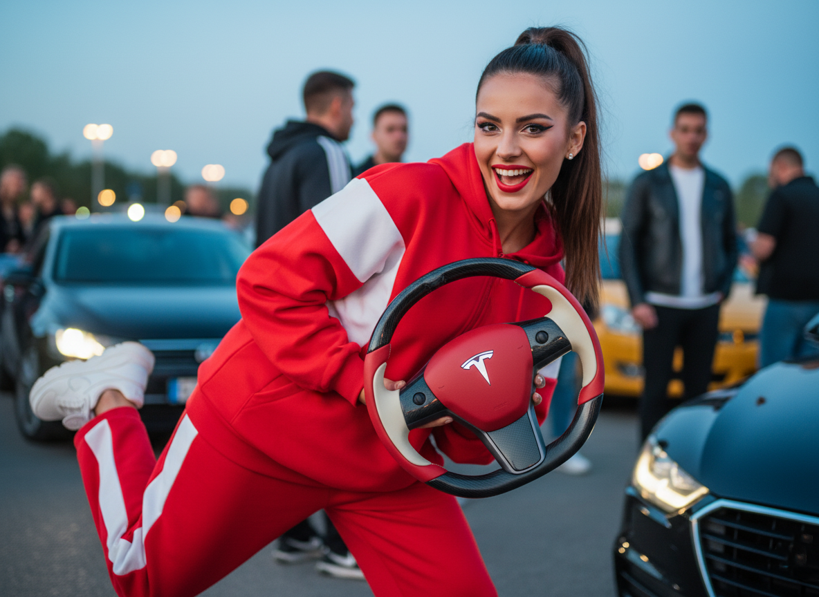 Red-Gray Tesla Model 3 Carbon Fiber Steering Wheel-Track Master(2017-2023.8) Axeco