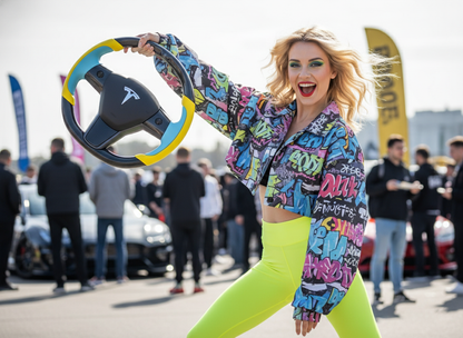 Yellow and light blue Carbon Fiber Tesla Model Y Steering Wheel-Track Master(2020-2024) Axeco