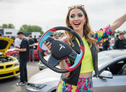 Bright red and light blue Carbon Fiber Tesla model 3 Steering Wheel -Track Master(2023.9+) Axeco