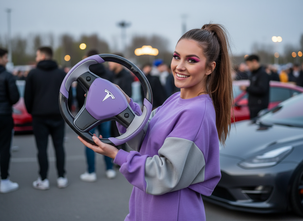 Purple-Grey Tesla Model 3 Carbon Fiber Steering Wheel-Track Master(2017-2023.8) Axeco